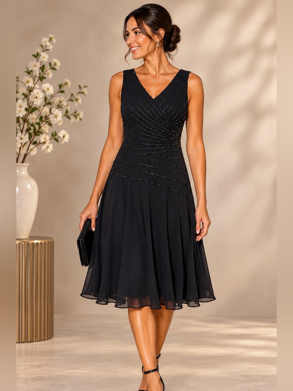 Black Beaded Evening Dress Sleeveless V Neck Midi Formal Dress Size M